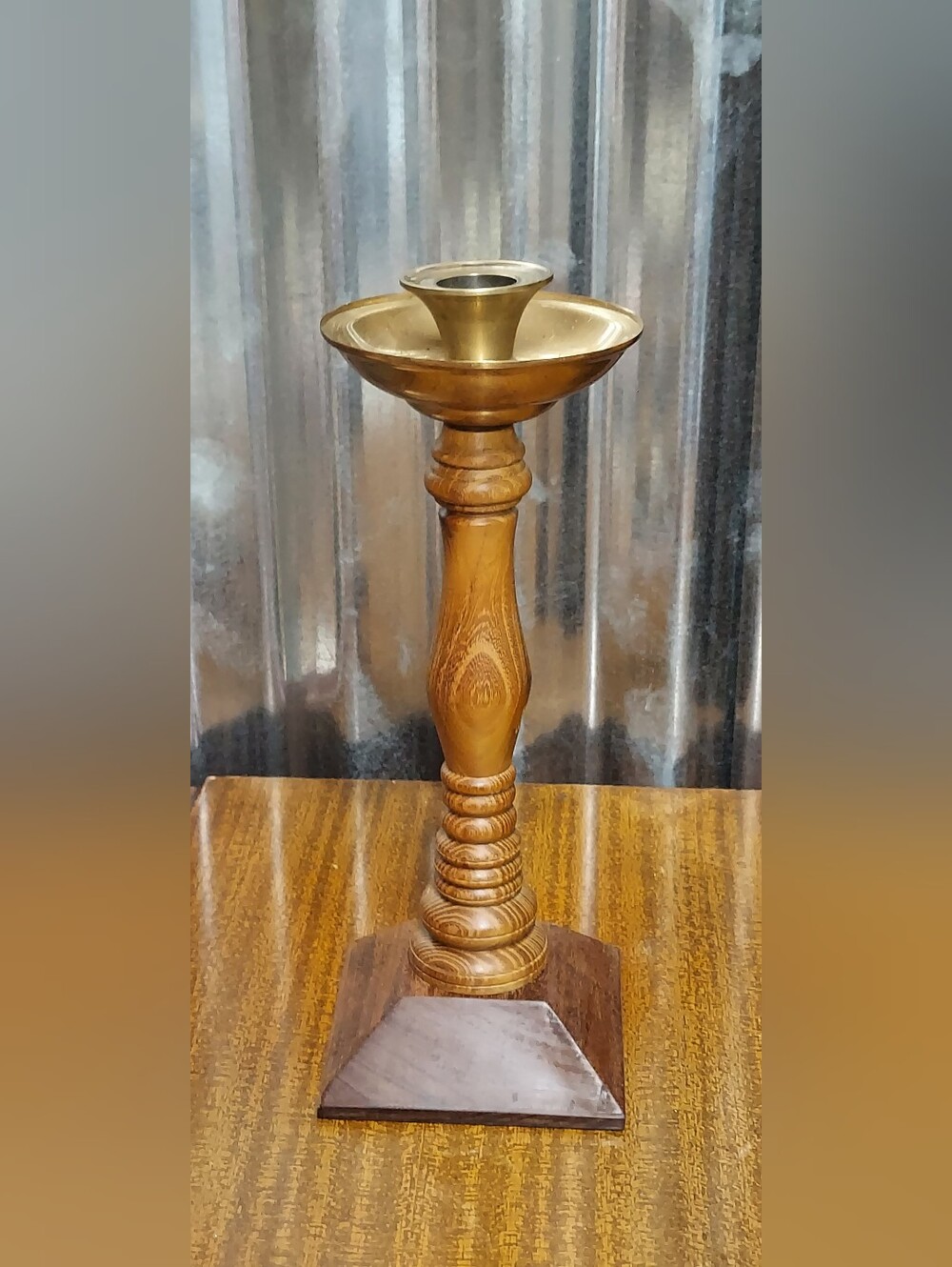 Vintage Wood and Brass Candle Holder Mid Century Modern Cottagecore Farmhouse